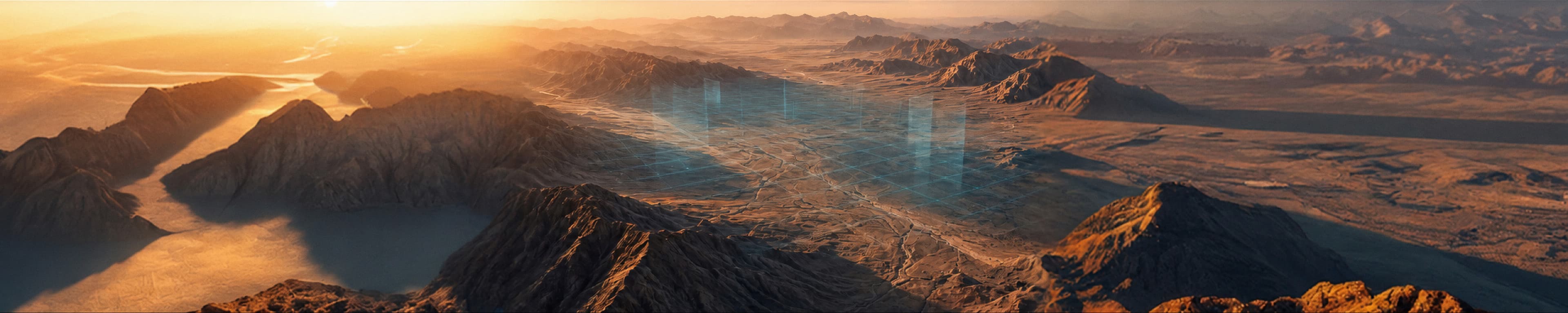Aerial basin landscape with seismic survey overlay