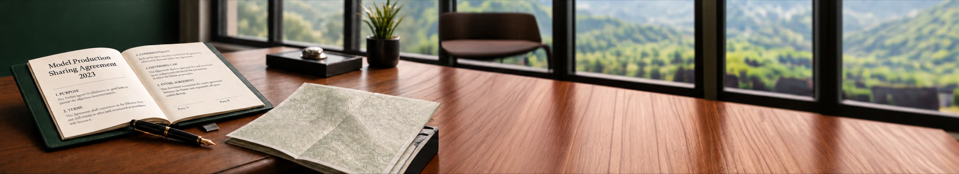 Open concession contract folder and map on a sunlit boardroom desk
