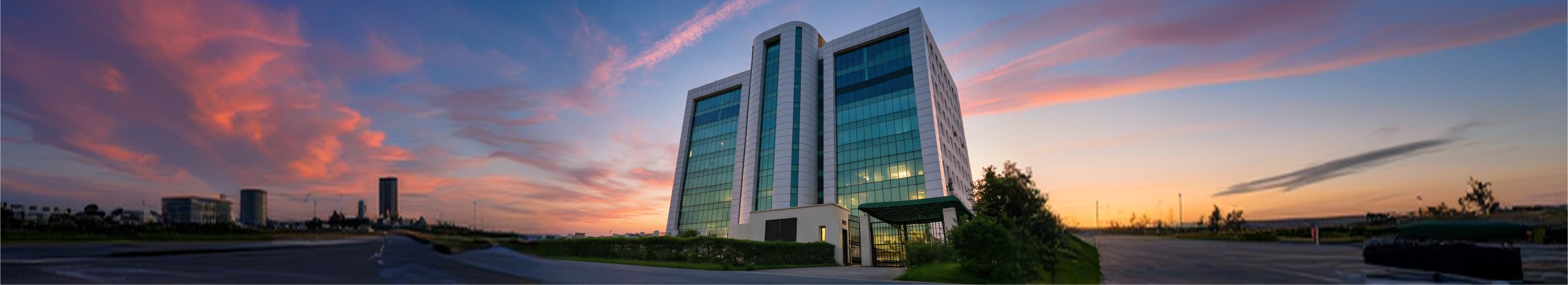 Modern office building at dusk